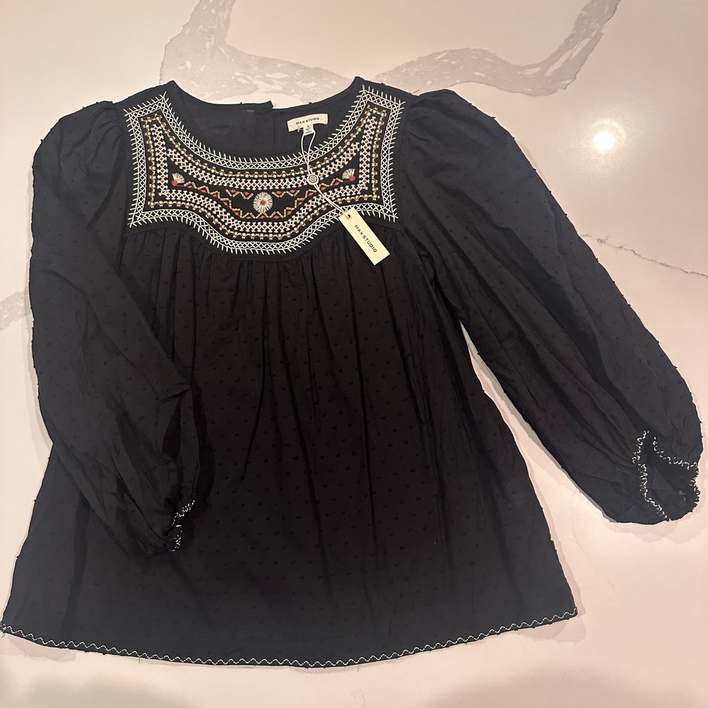 Max Studio Black Swiss Dot Embroidered Peasant Blouse 1705E35C S